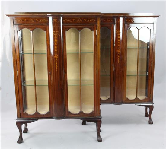 A pair of 1920s inlaid mahogany two door display cabinets, W. 3ft 3in. D. 12.5in. H. 4ft 10.5in.